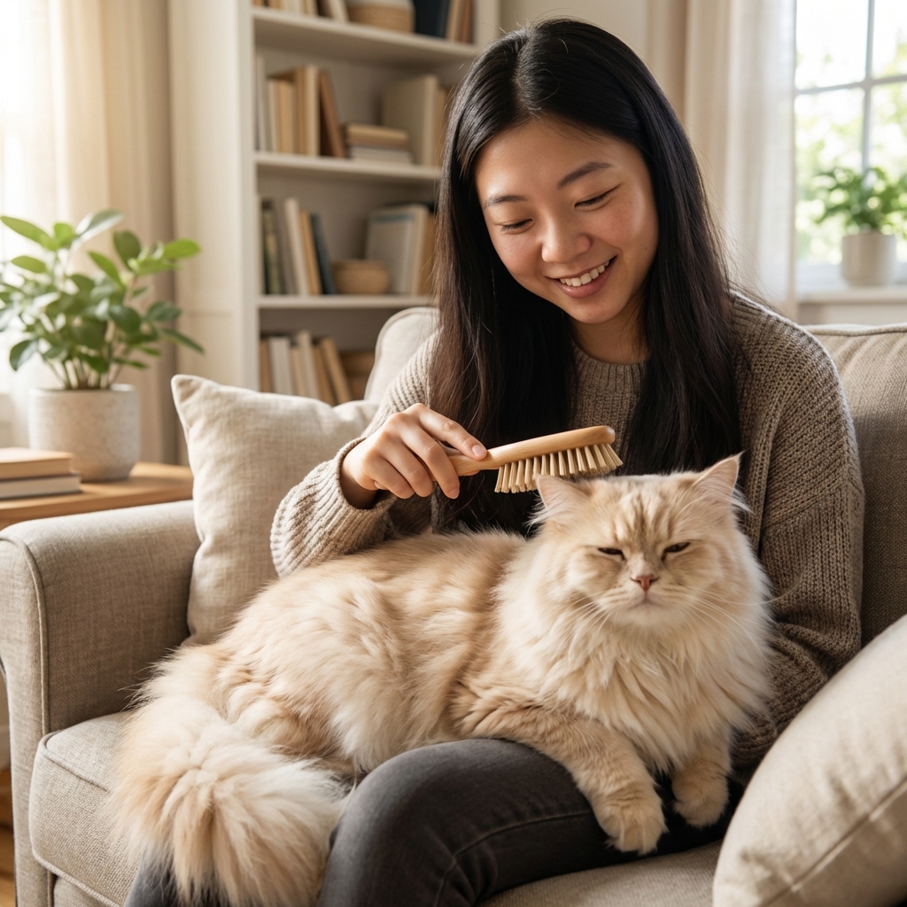 A fluffy long-haired cat being gently brushed by an owner in a living room