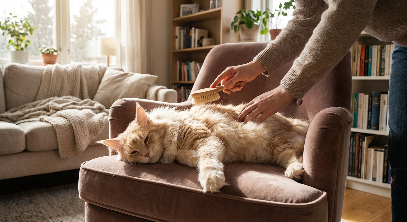 A fluffy long-haired cat being gently brushed in a bright living room