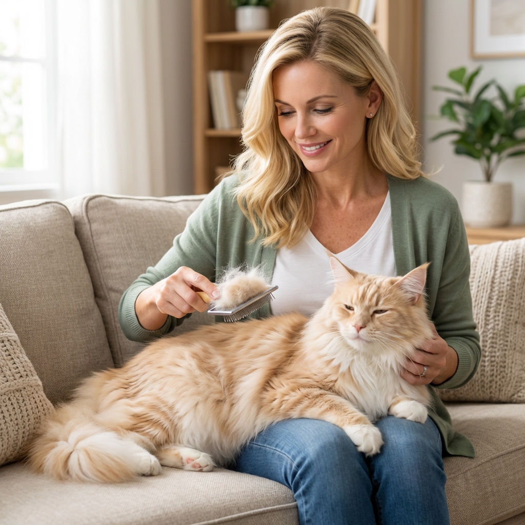 A fluffy long-haired cat being gently brushed on a couch with loose fur visible on the brush