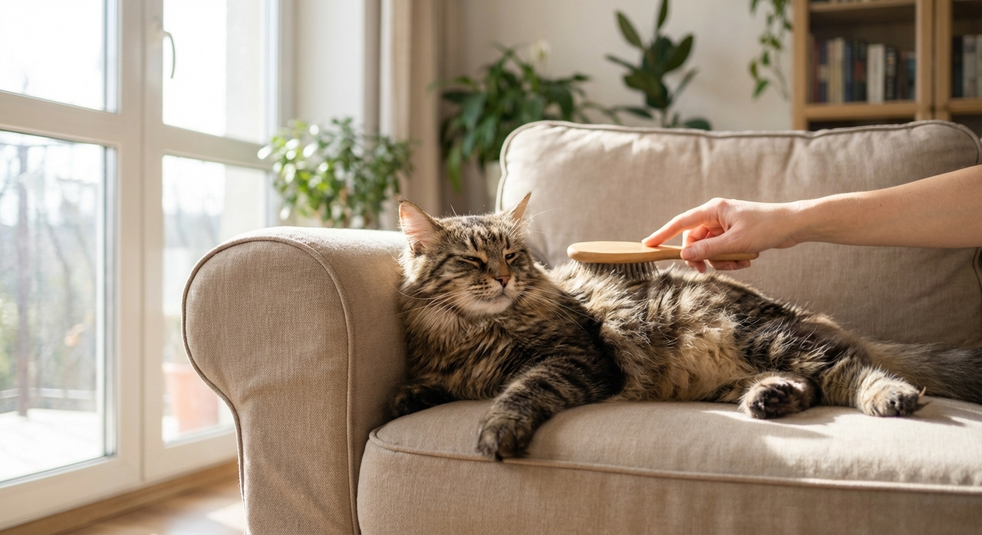 A fluffy long-haired cat being gently brushed on a couch in natural window light