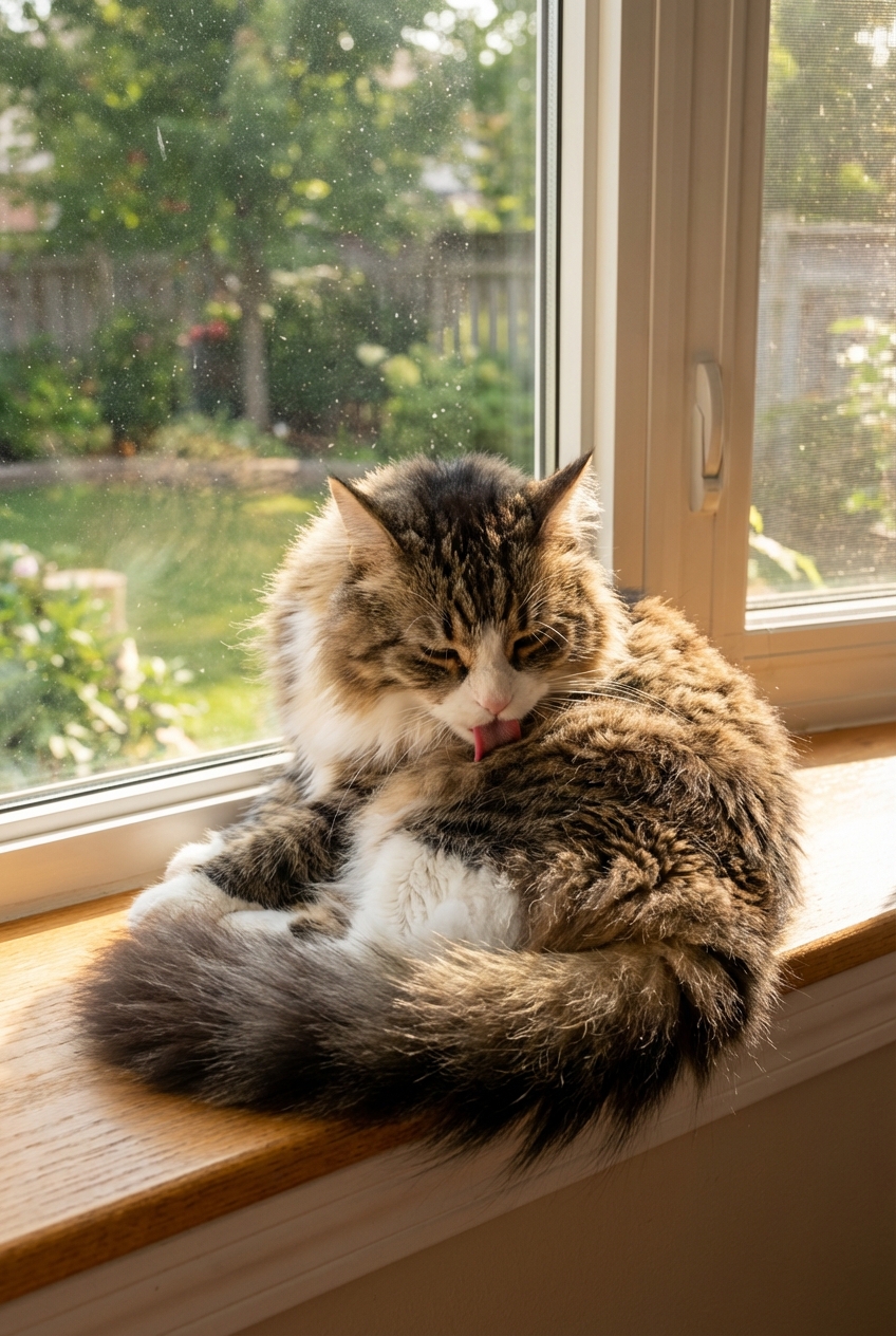 A fluffy long-haired cat grooming its side while sitting near a sunny window