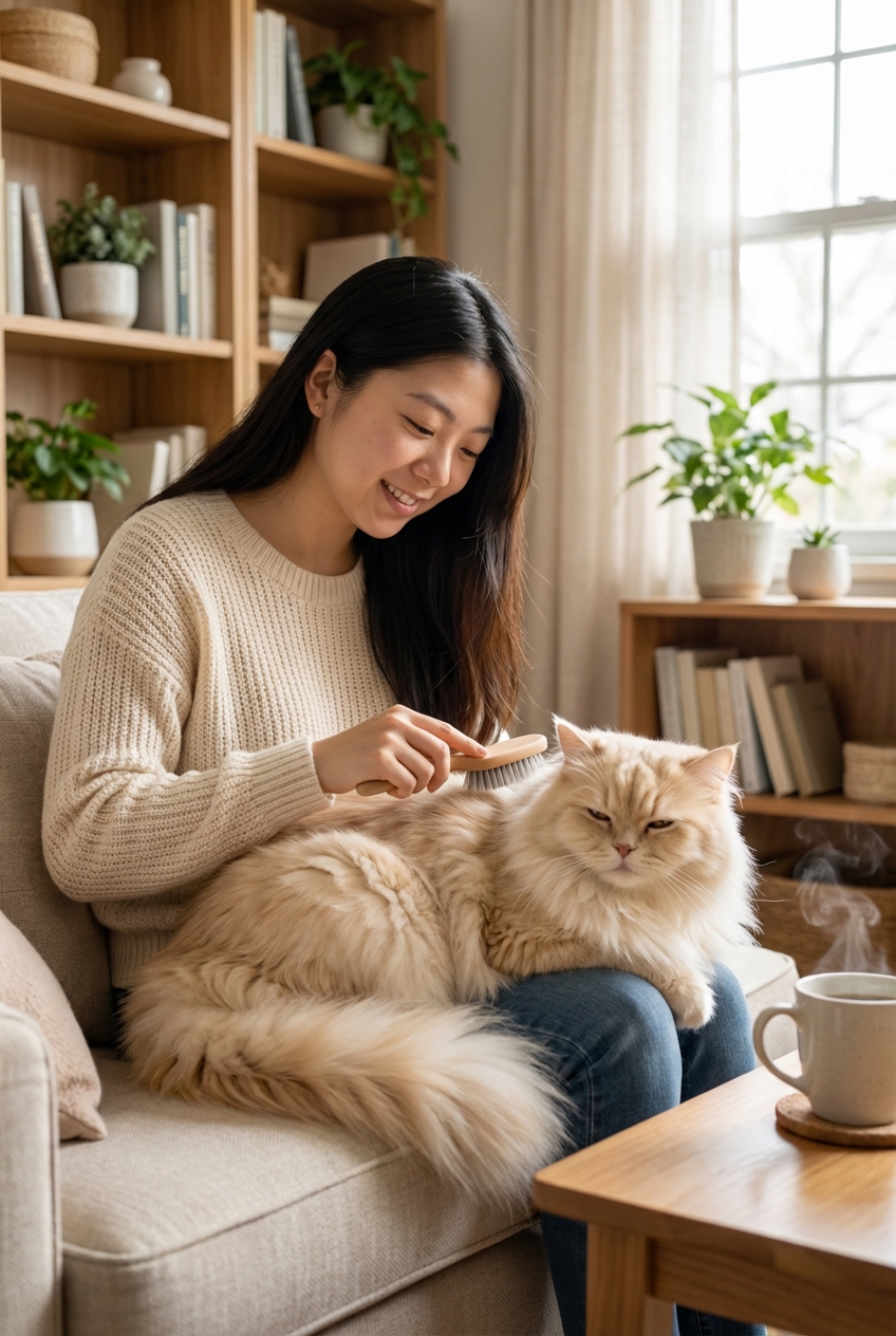 A fluffy longhaired cat being gently brushed by a person in a living room