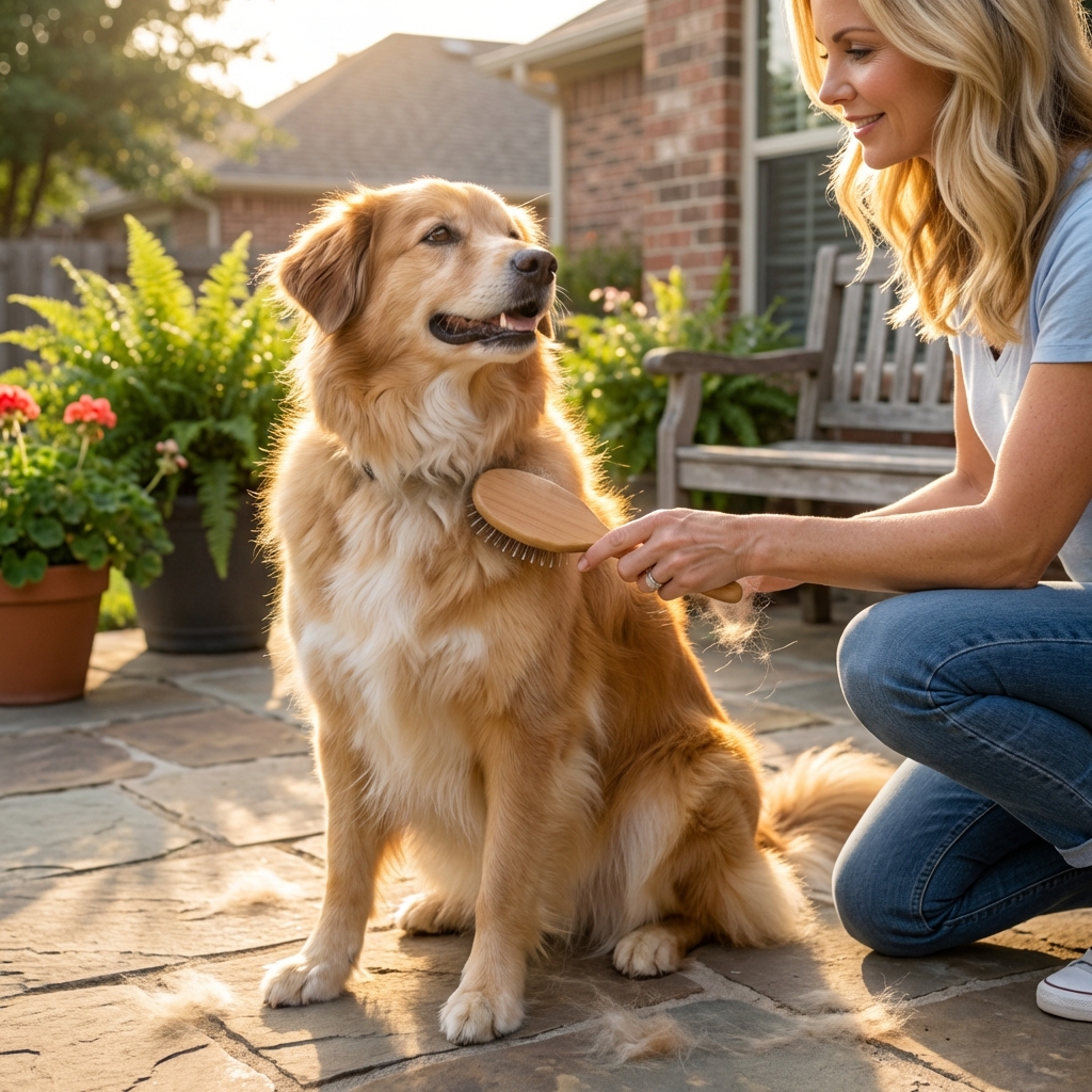 A fluffy mixed-breed dog being gently brushed outdoors on a patio while sunlight highlights the coat