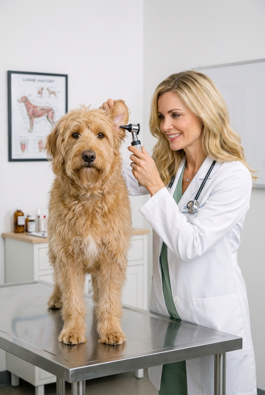 A fluffy mixed-breed dog being gently examined by a veterinarian on an exam table