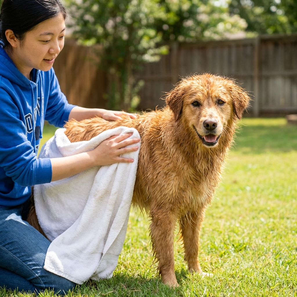 A fluffy mixed-breed dog being gently towel dried outdoors after a bath