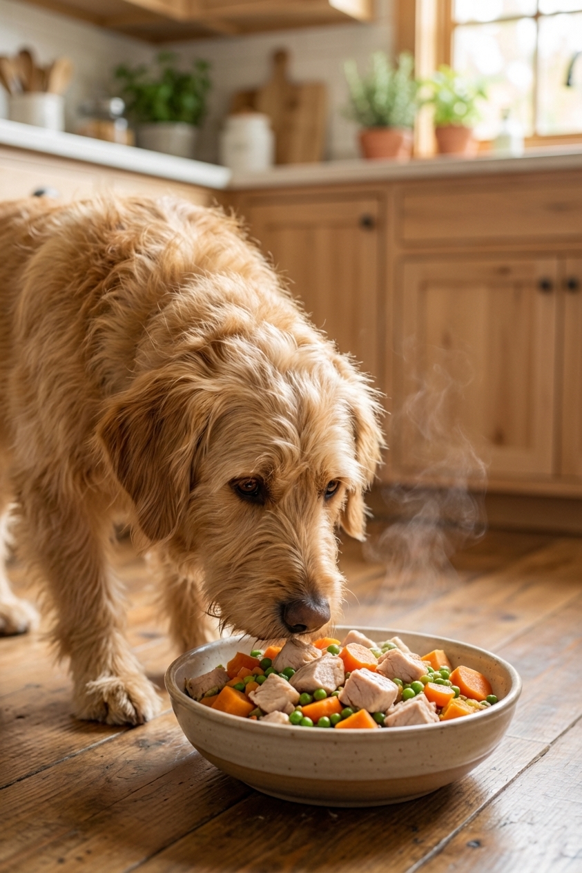 A fluffy mixed-breed dog sniffing a warm bowl of turkey and vegetables on a kitchen floor