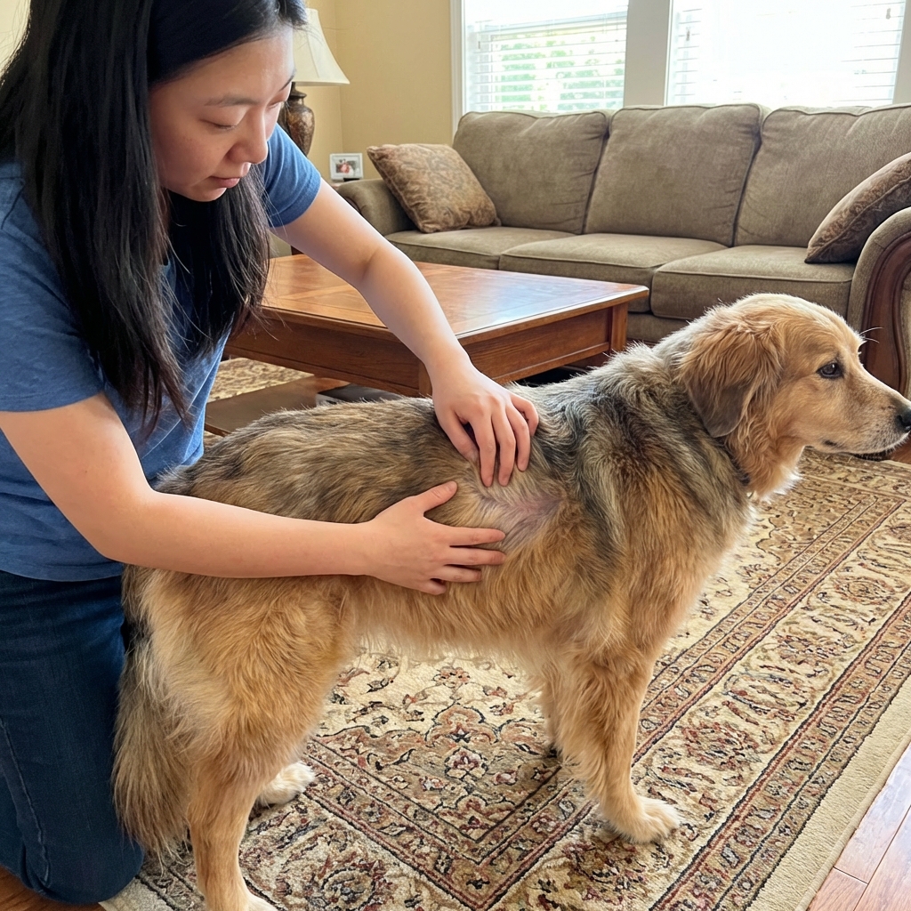 A fluffy mixed-breed dog with thinning fur on the sides standing on a living room rug while a person gently parts the coat