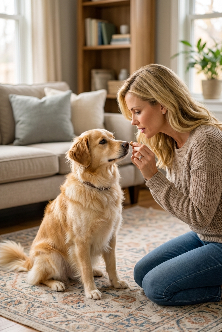 A fluffy mixed-breed female dog sitting in a living room while her owner holds a treat near her face to practice name recognition