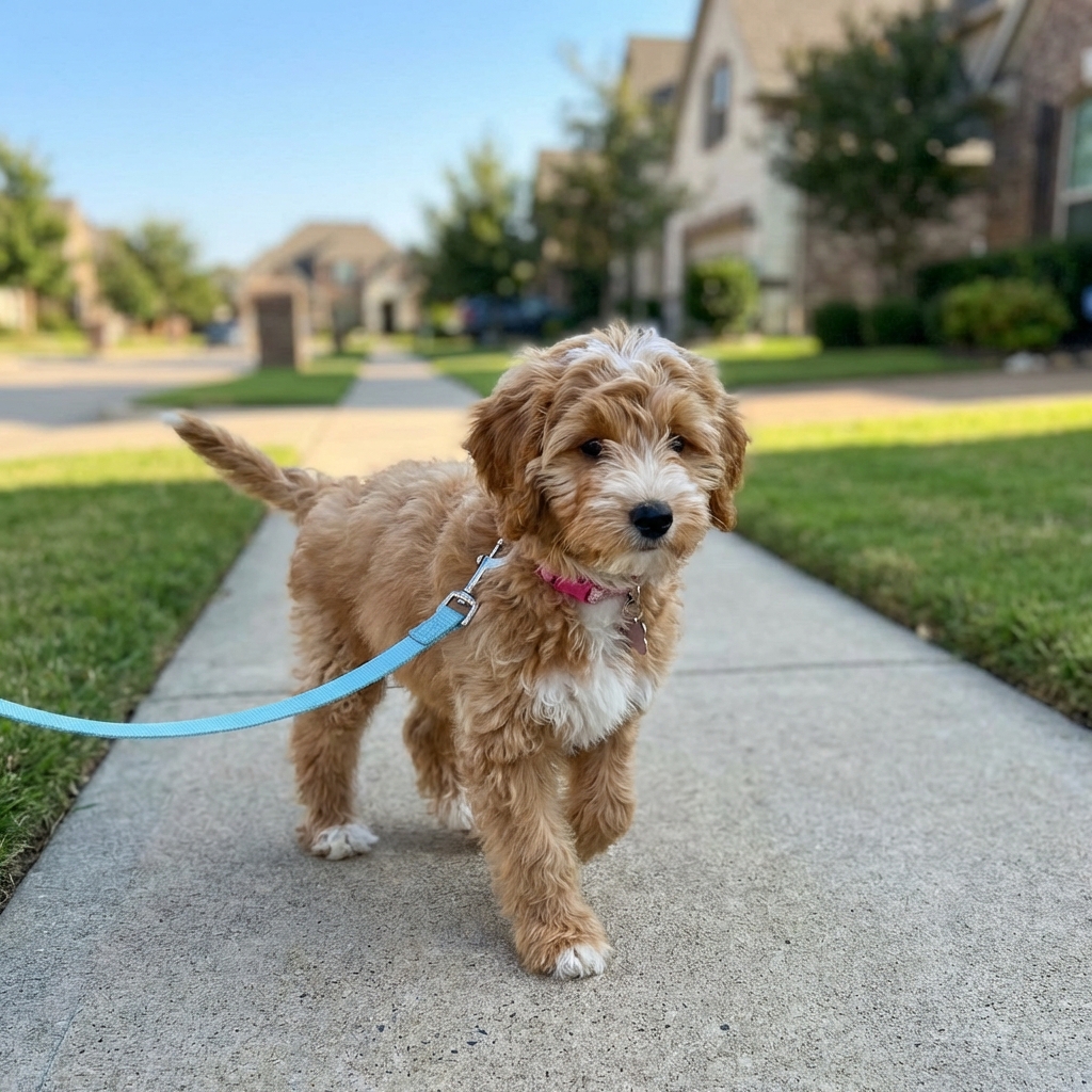 A fluffy mixed-breed girl puppy walking on a leash on a neighborhood sidewalk