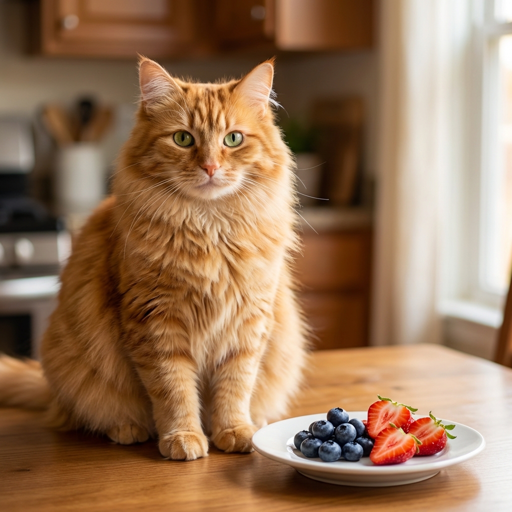 A fluffy orange cat sitting beside a small plate holding a few blueberries and strawberry pieces