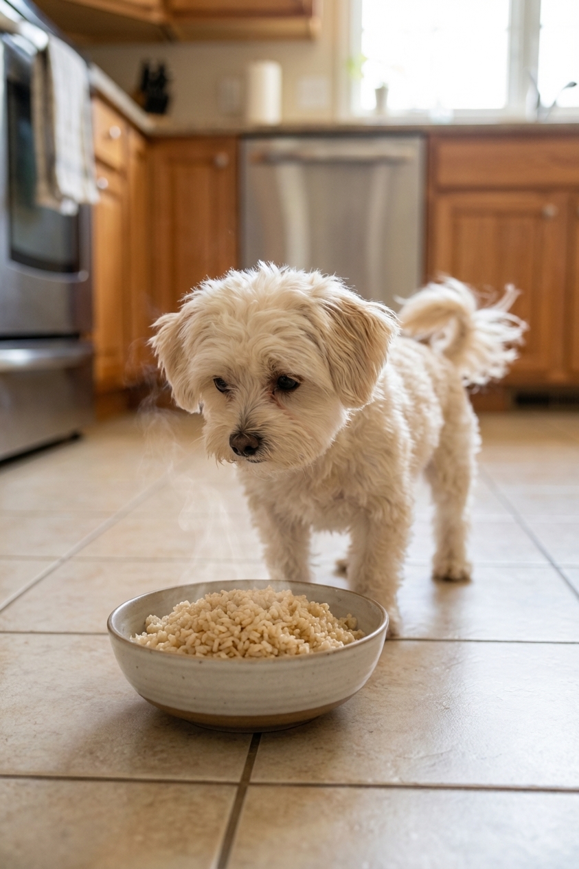 A fluffy small dog standing near a bowl of cooked brown rice on a kitchen floor