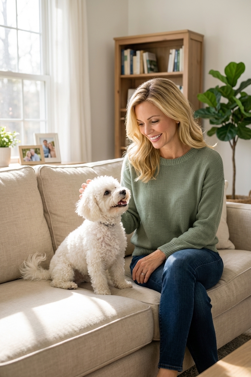 A fluffy white Bichon Frise sitting on a couch in a bright living room, looking up at its owner with an eager, friendly expression, natural photo style