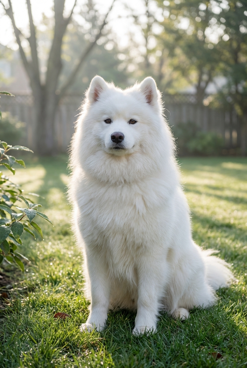 A fluffy white dog sitting outdoors on a cool morning with soft natural light