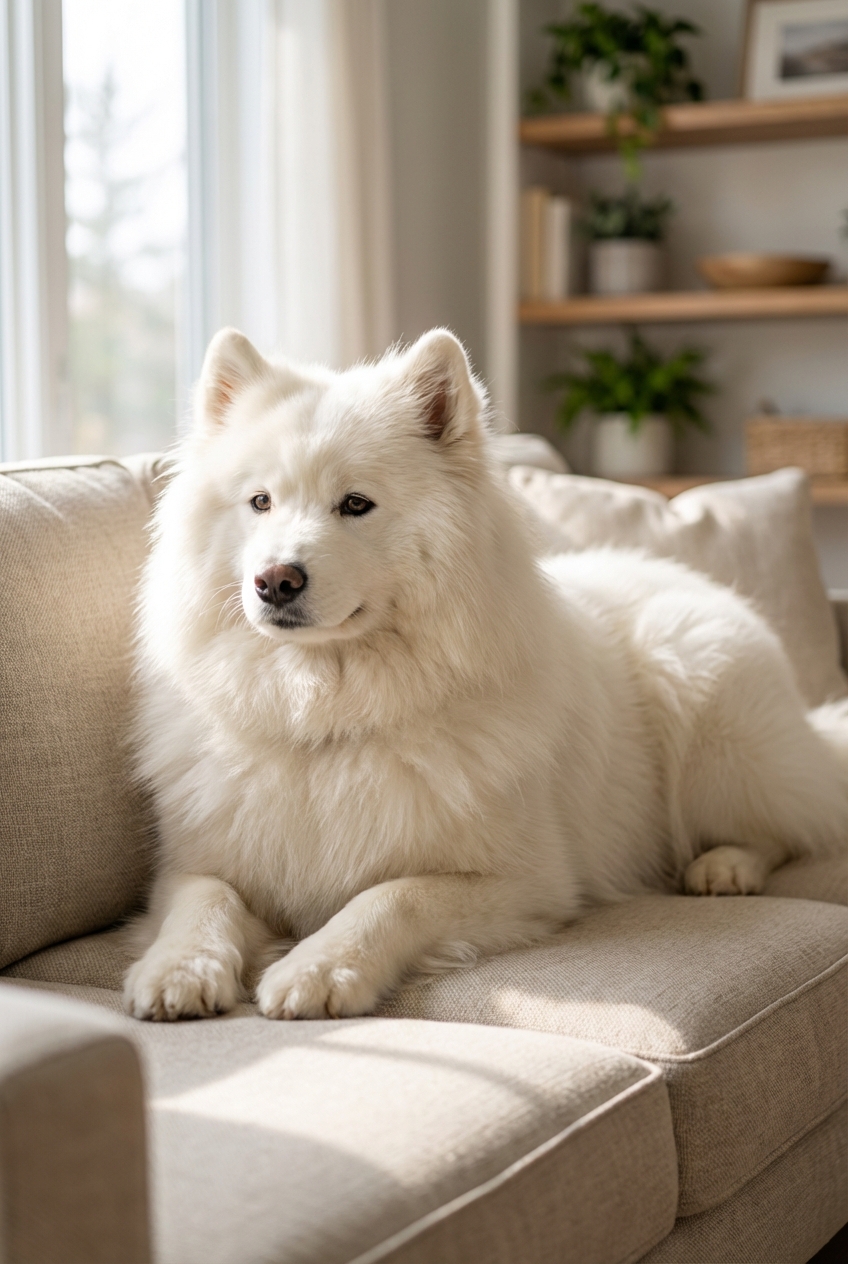 A fluffy white female dog lounging on a couch with a calm expression and soft window light