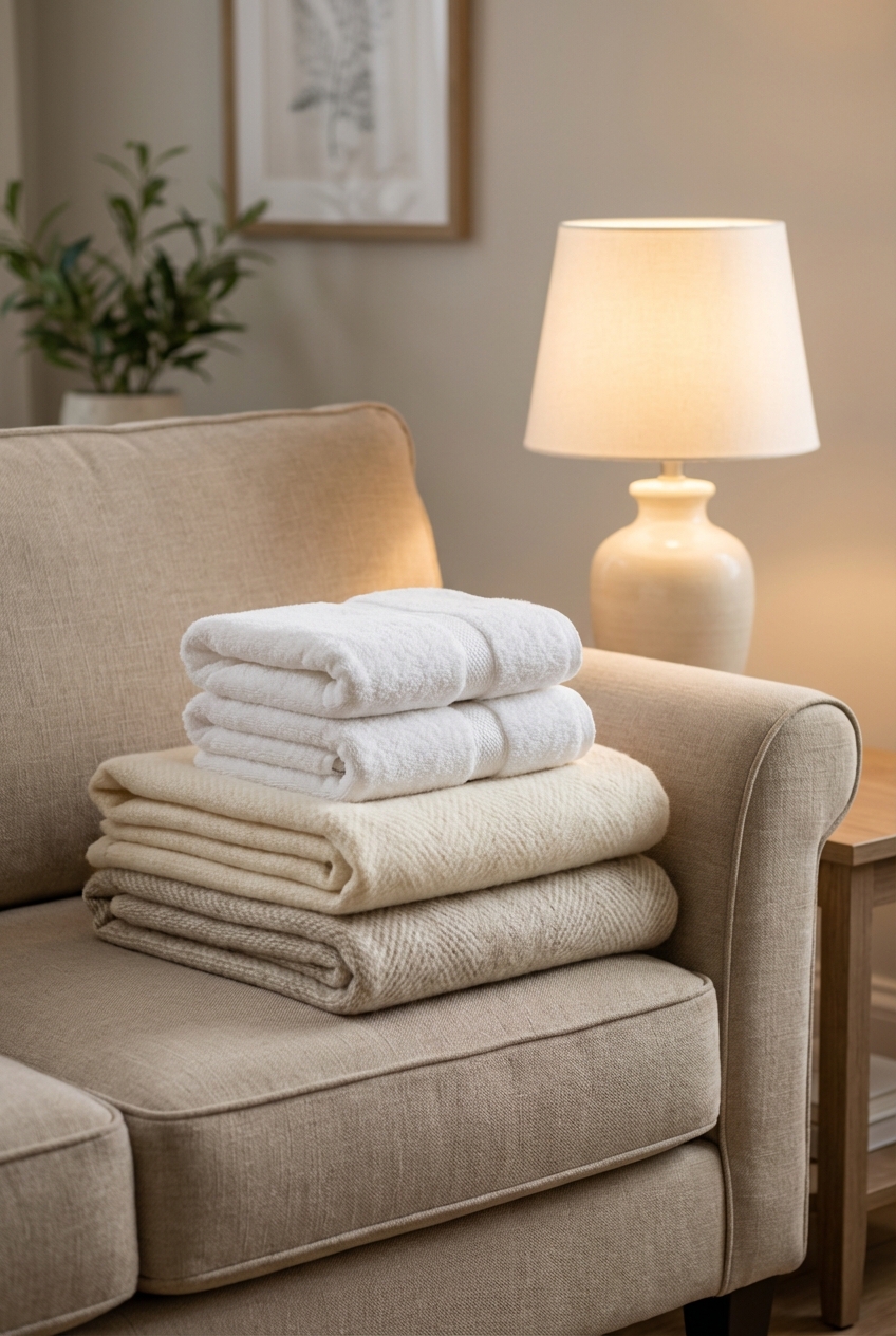 A folded blanket and a few clean towels placed on a couch next to a softly lit lamp