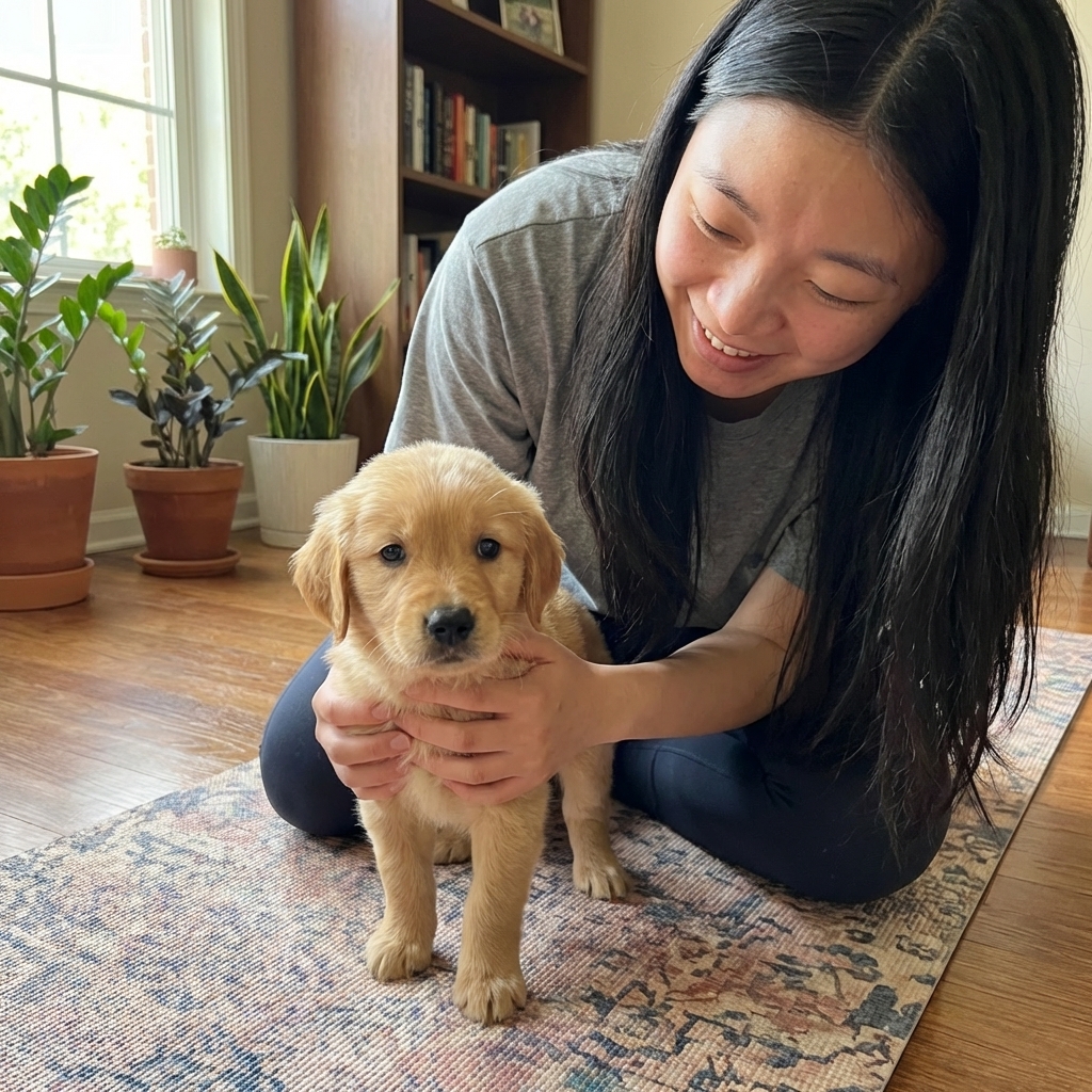 A four-week-old puppy being gently supported under the chest while standing on a yoga mat with paws positioned under the body