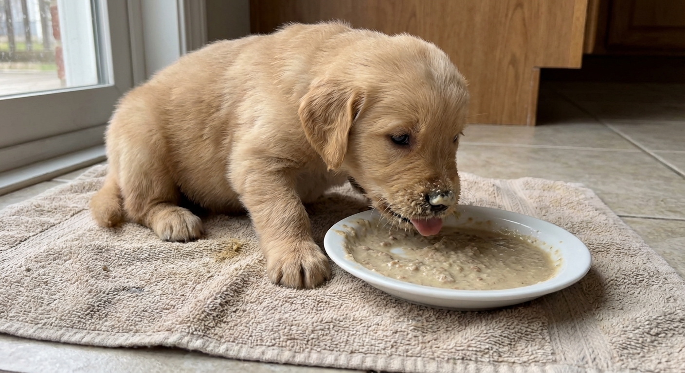A four-week-old puppy lapping softened puppy food from a shallow dish while sitting on a towel