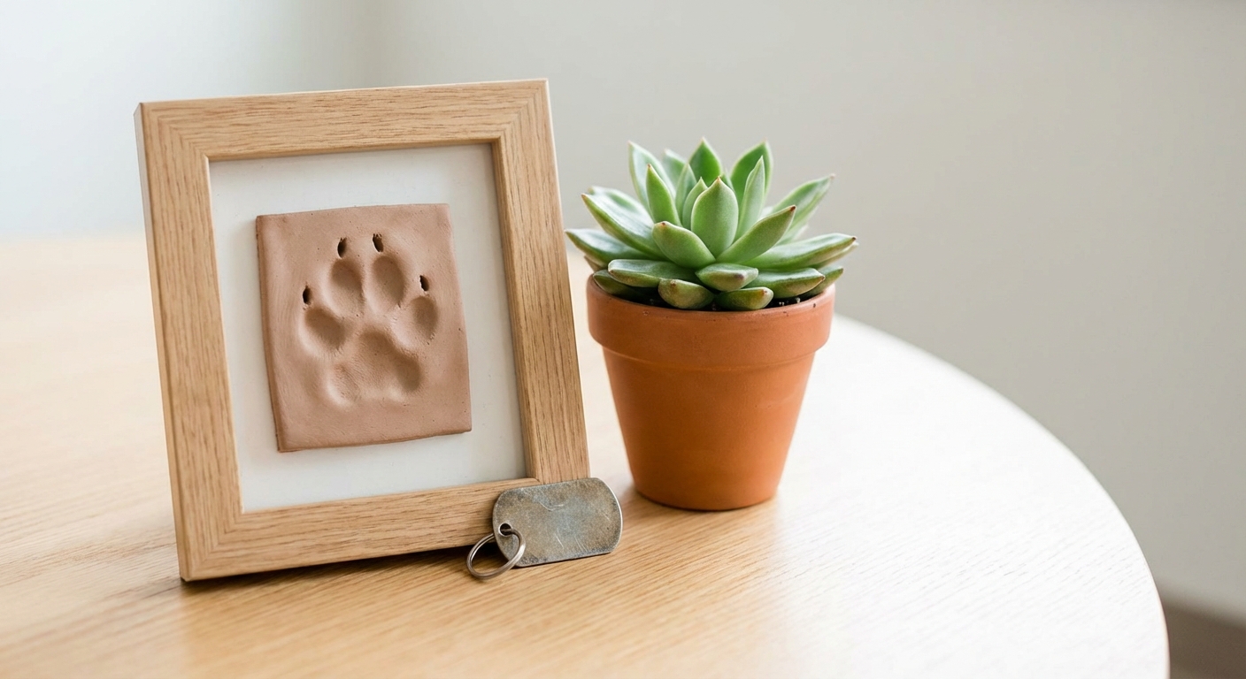 A framed paw print and a dog tag resting on a wooden table beside a small green houseplant