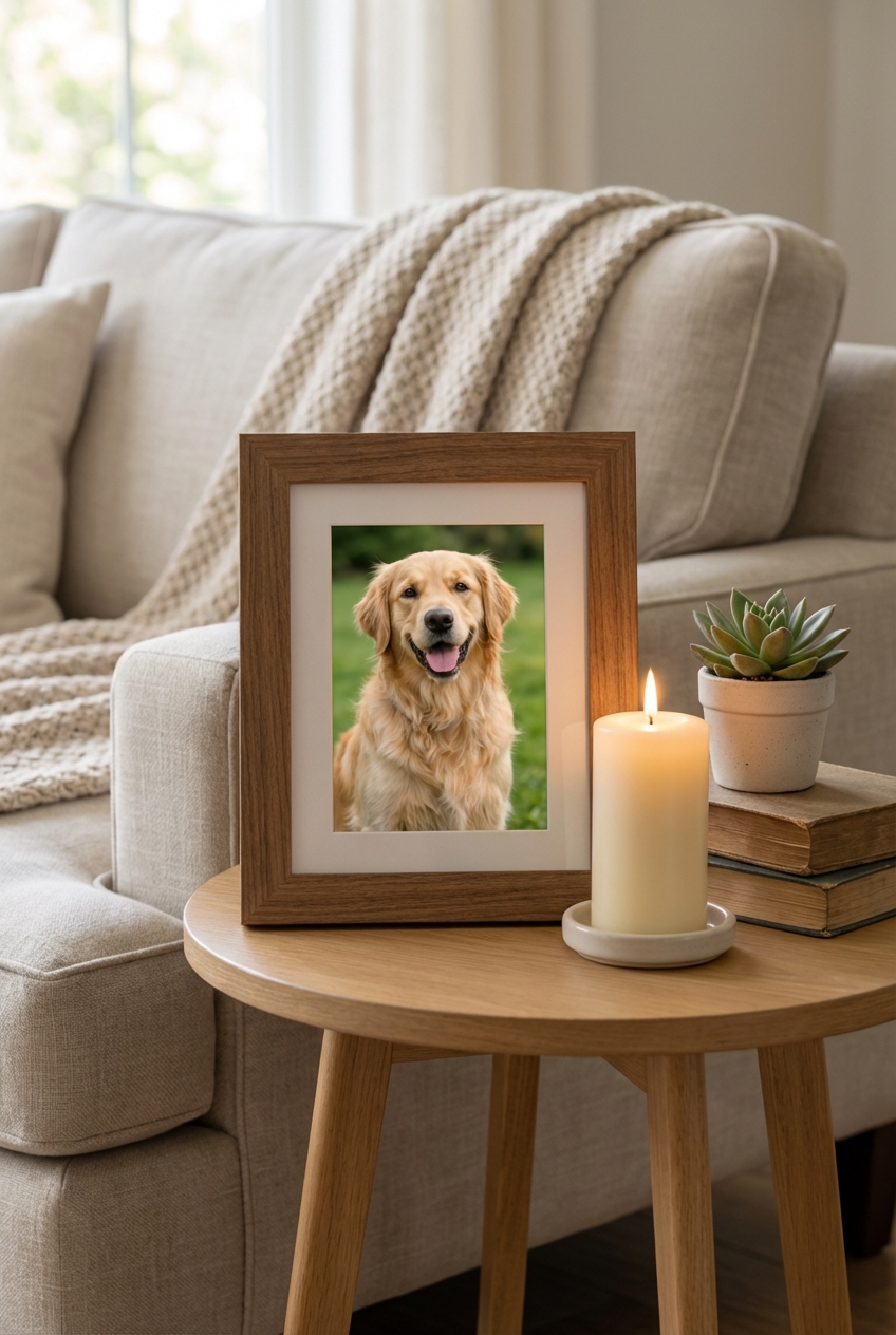 A framed photo of a dog on a small table next to a candle in a calm living room