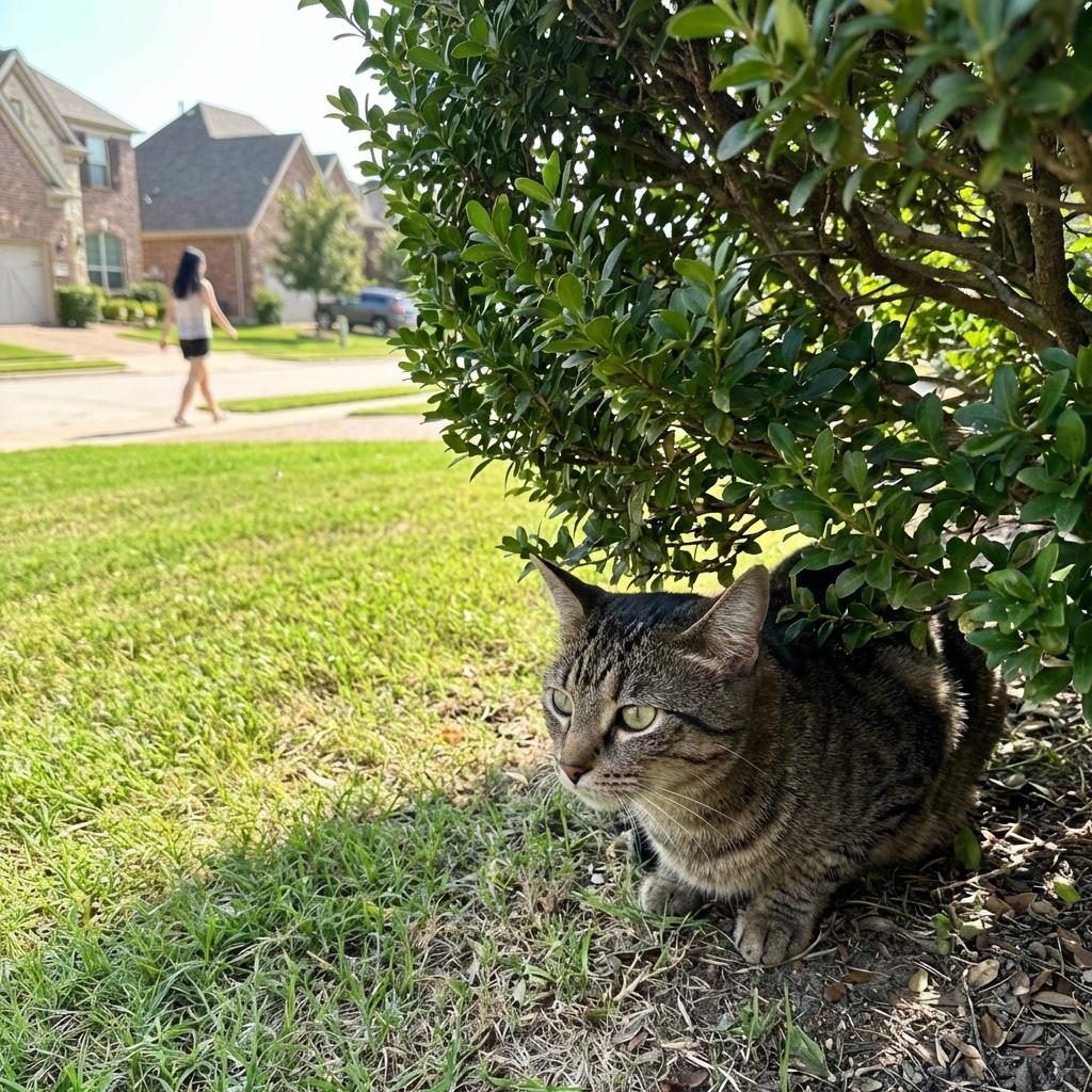 A free-roaming cat crouched under a shrub in a suburban yard, watching a person from a distance