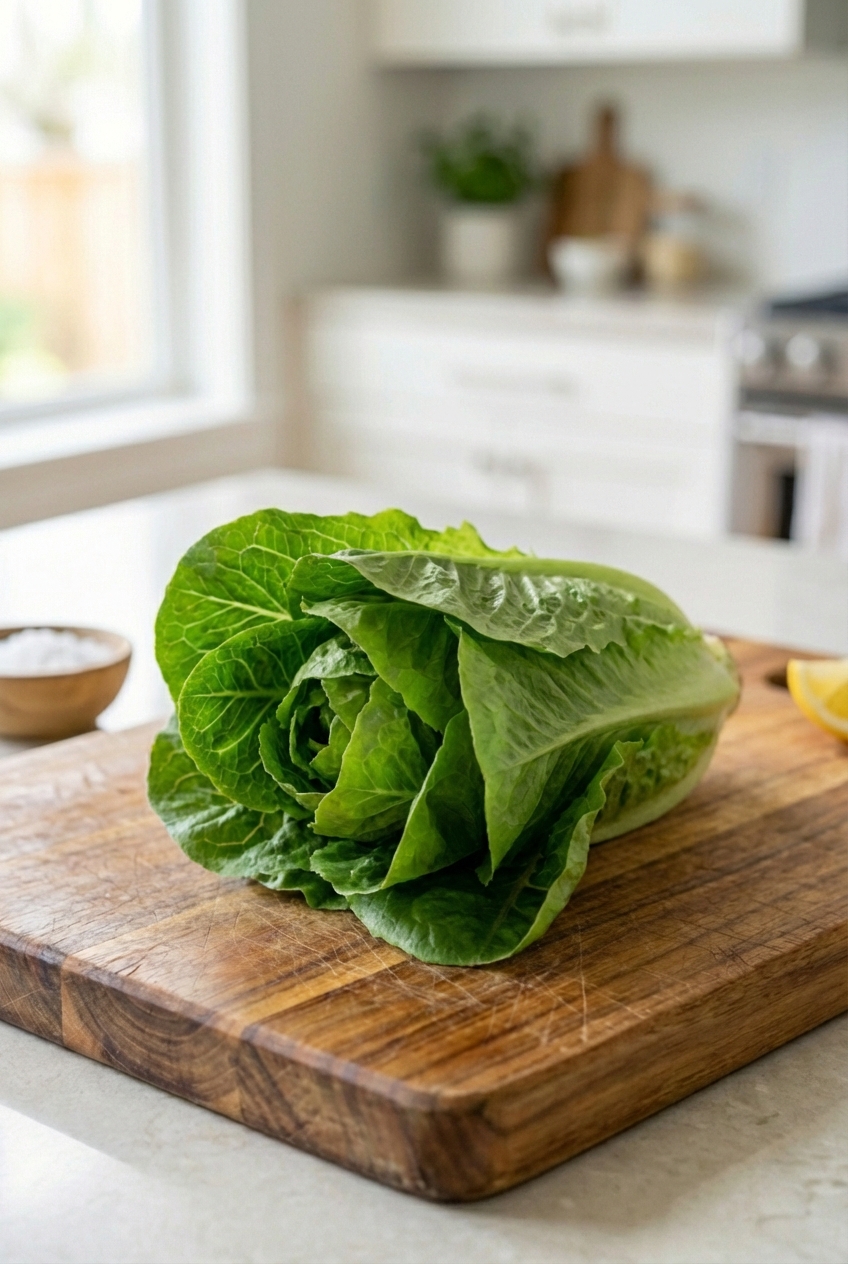 A fresh romaine lettuce head on a kitchen counter