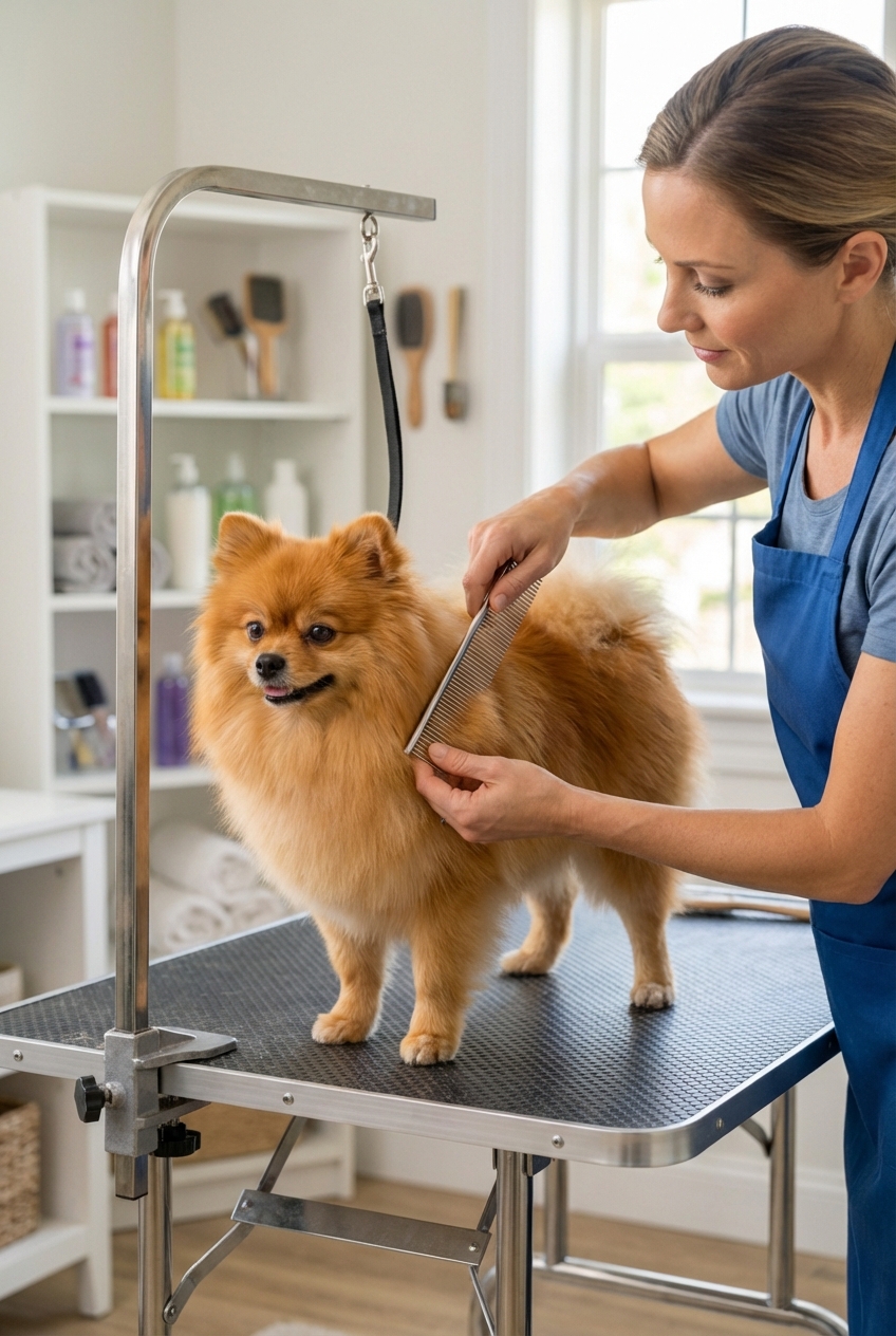 A freshly groomed Pomeranian sitting on a grooming table while a groomer gently combs the coat