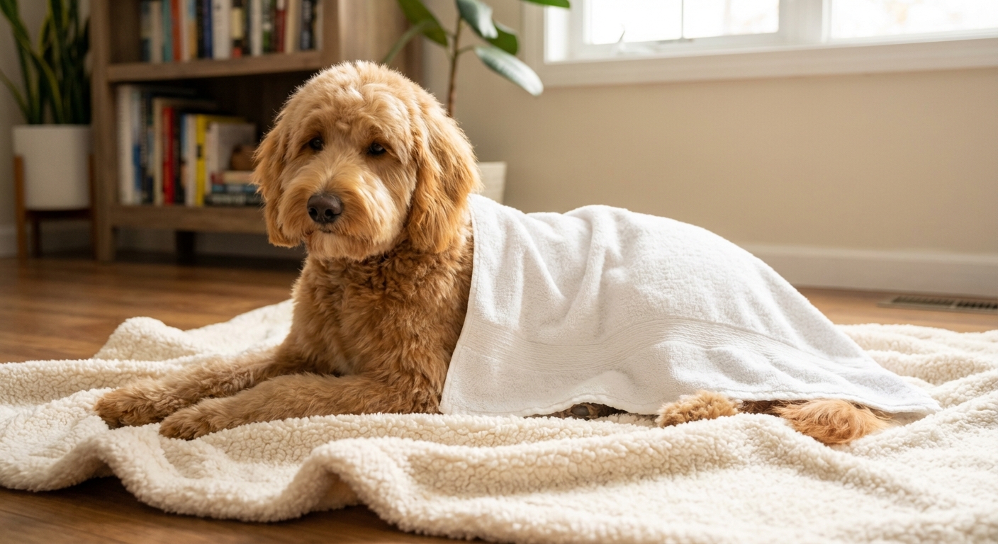 A freshly groomed dog resting on a soft blanket indoors while a towel is draped over the body