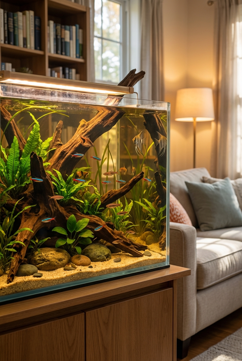 A freshwater aquarium with driftwood and slightly tea-colored water in a calm living room setting