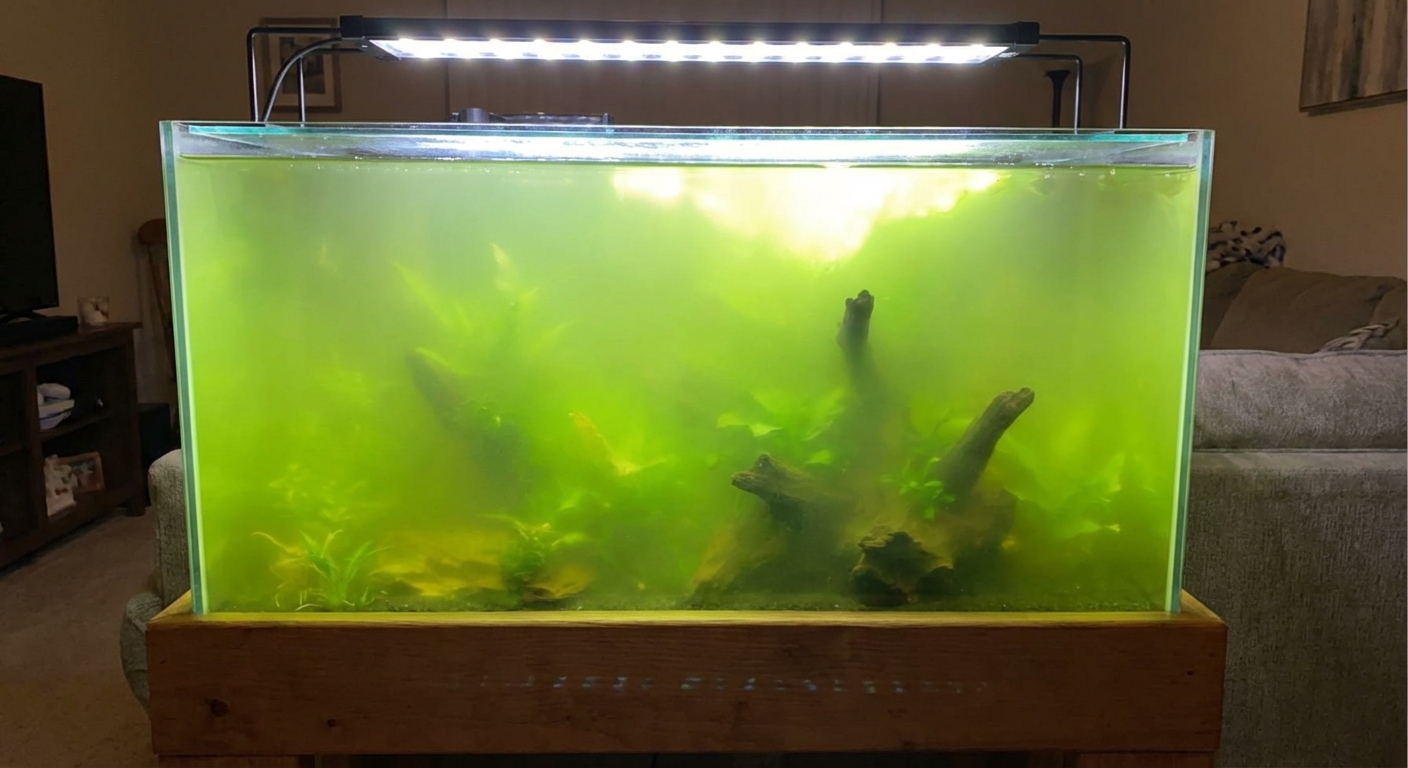 A freshwater aquarium with green cloudy water and a bright aquarium light above