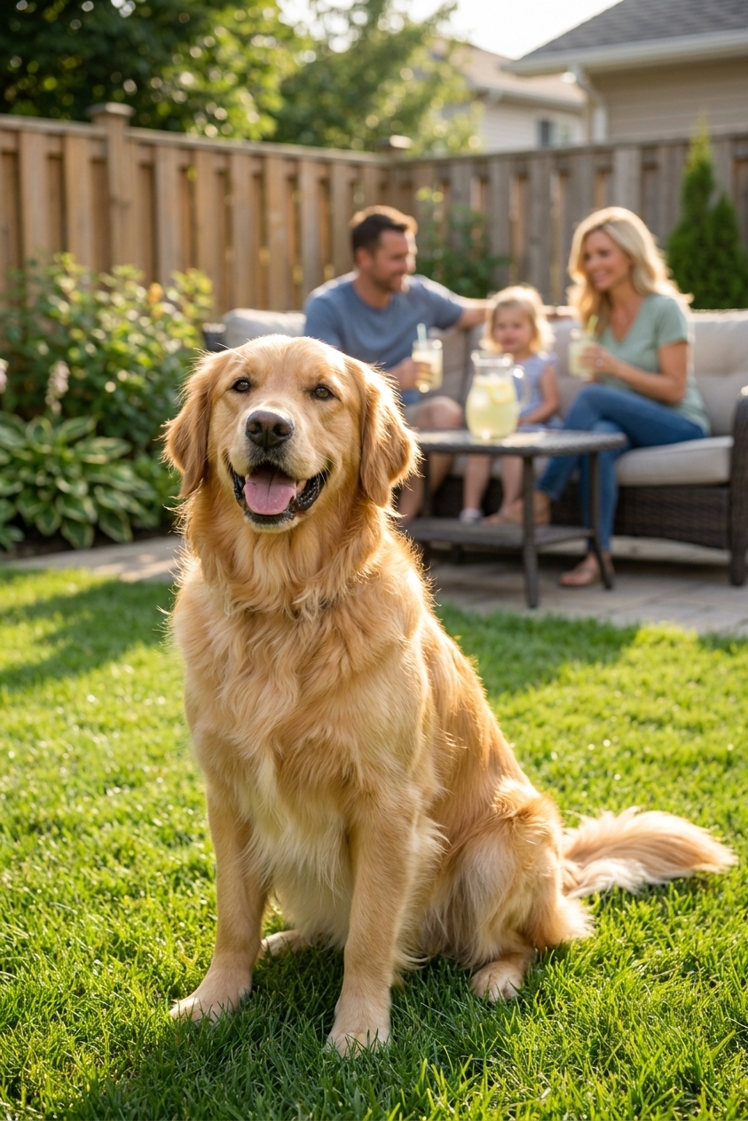 A friendly adult Golden Retriever sitting on green grass in a sunny backyard while a family relaxes in the background, natural candid photography