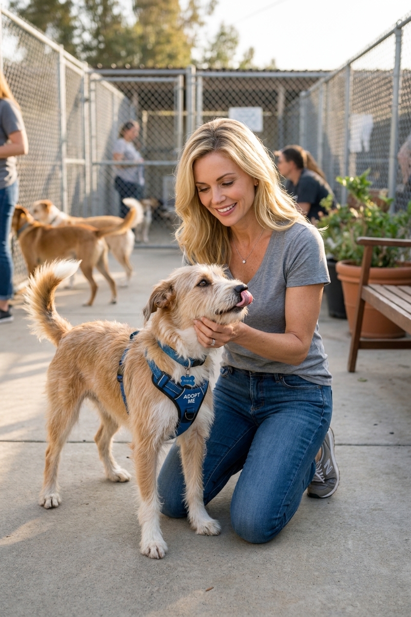 A friendly mixed-breed dog standing next to an adopter during a meet-and-greet at a rescue center, candid real photograph