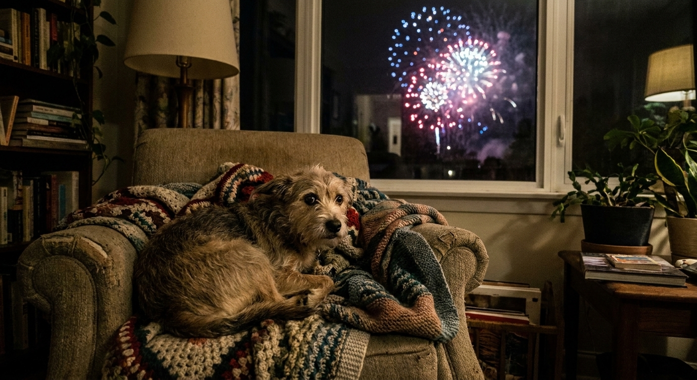A frightened dog tucked into a blanket nest in a dim living room while distant fireworks light the window, documentary photo style