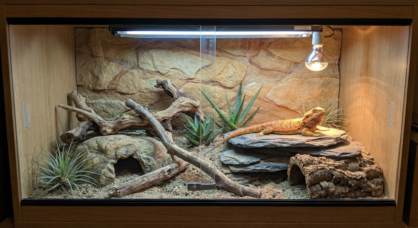 A front-opening bearded dragon enclosure with a basking platform, branches, and hides on both warm and cool sides