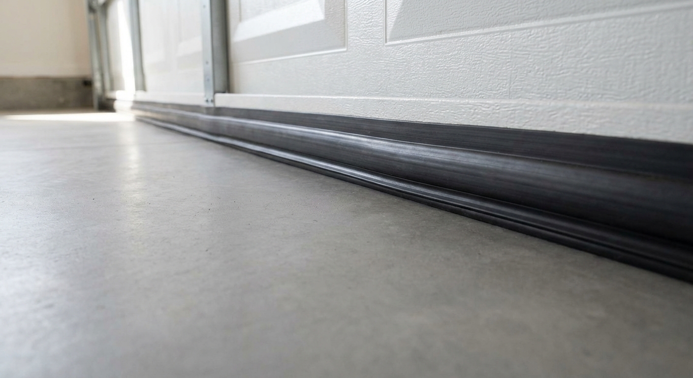 A garage door bottom seal making firm contact with a clean concrete floor