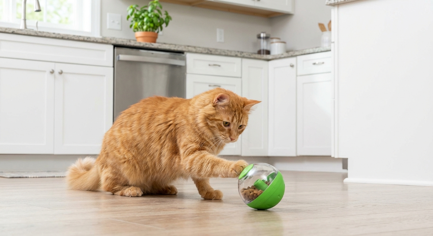 A ginger cat pawing at a treat-dispensing ball on a kitchen floor
