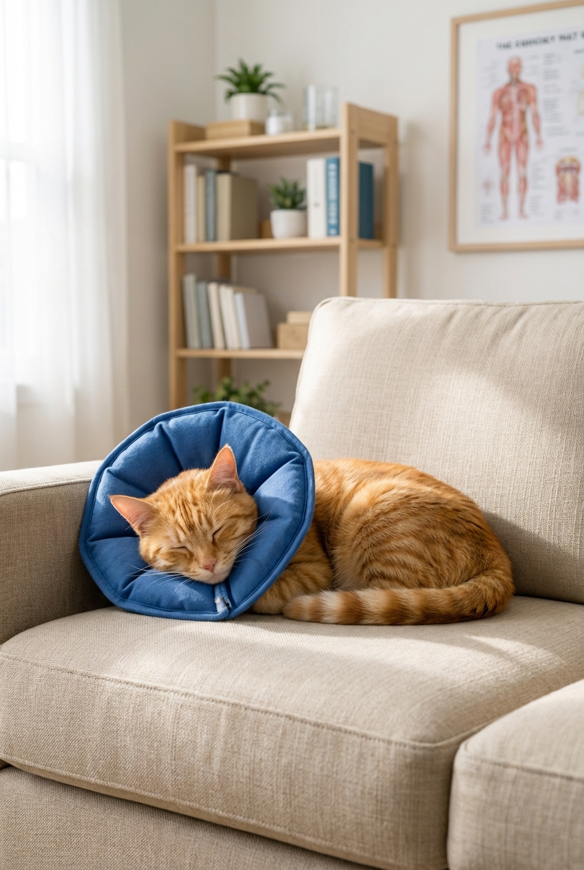 A ginger cat wearing a soft recovery collar resting on a living room couch