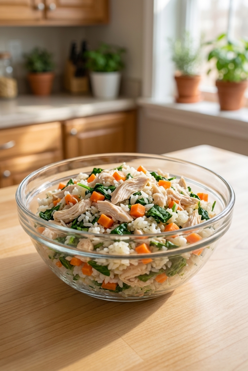 A glass bowl filled with homemade dog food including shredded chicken, rice, carrots, and spinach, photographed on a kitchen table in natural light, photorealistic