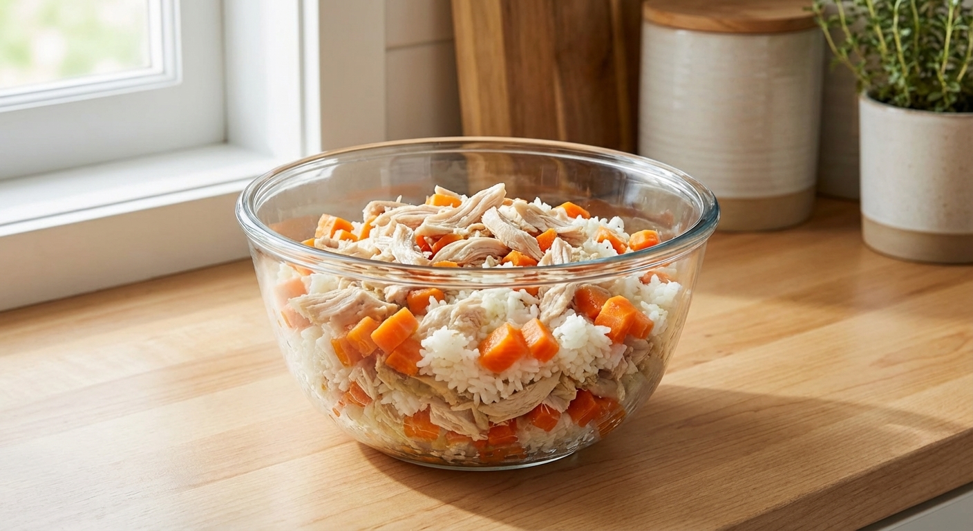 A glass bowl filled with homemade dog food made from shredded chicken, white rice, and diced cooked carrots on a kitchen counter, natural light, photorealistic