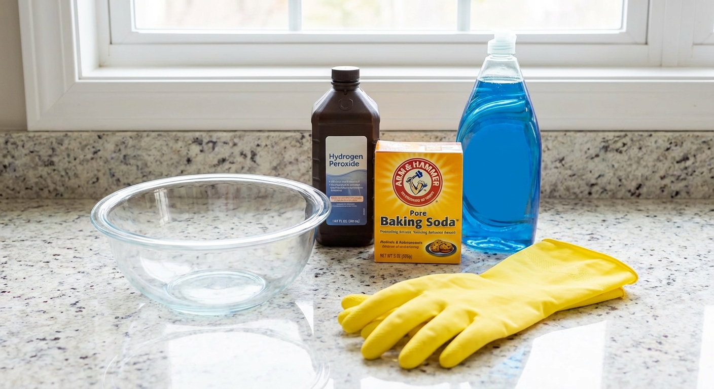 A glass bowl on a counter with hydrogen peroxide, baking soda, and dish soap next to rubber gloves