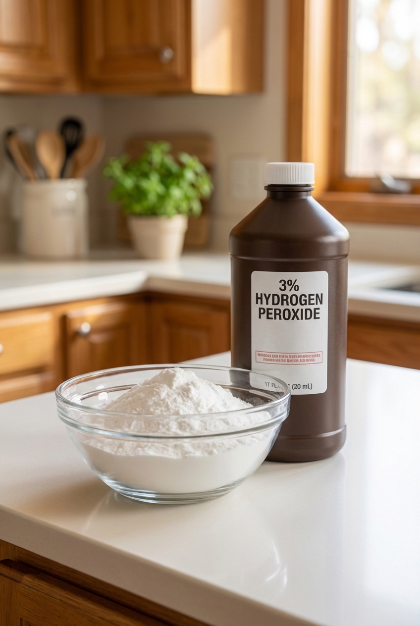 A glass bowl with baking soda and a bottle of 3% hydrogen peroxide on a kitchen counter