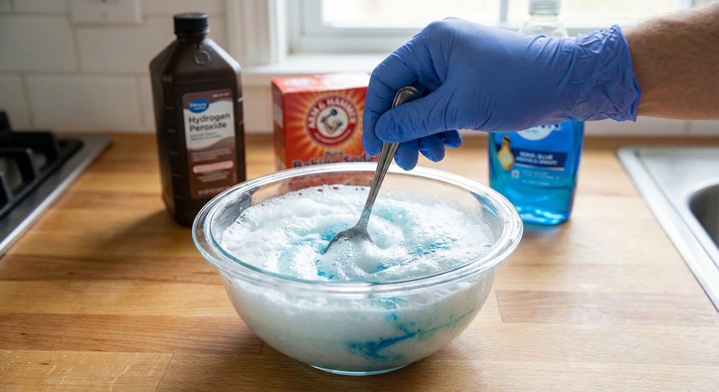 A glass bowl with hydrogen peroxide, baking soda, and dish soap being mixed by a gloved hand