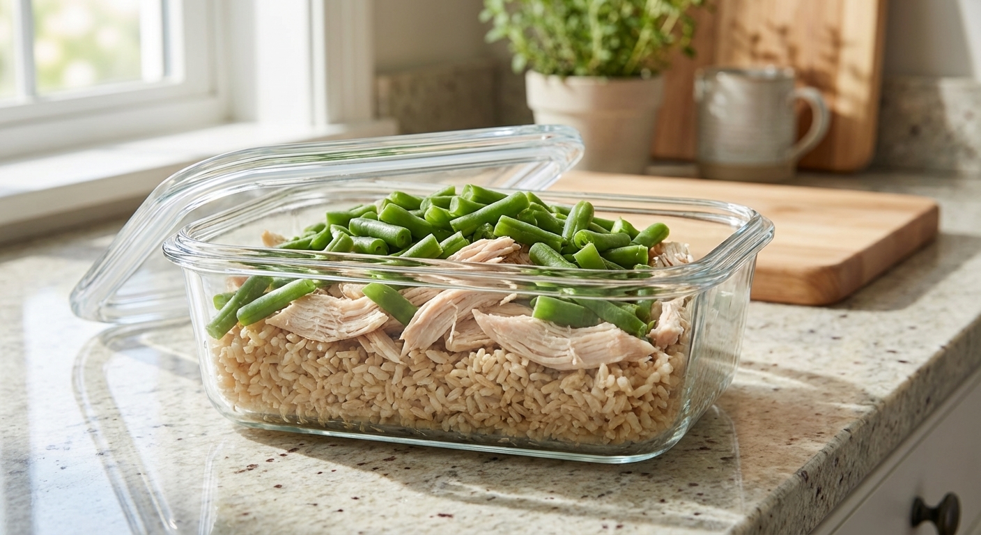 A glass food container on a kitchen counter filled with shredded skinless chicken breast, cooked brown rice, and chopped green beans, natural daylight, photorealistic