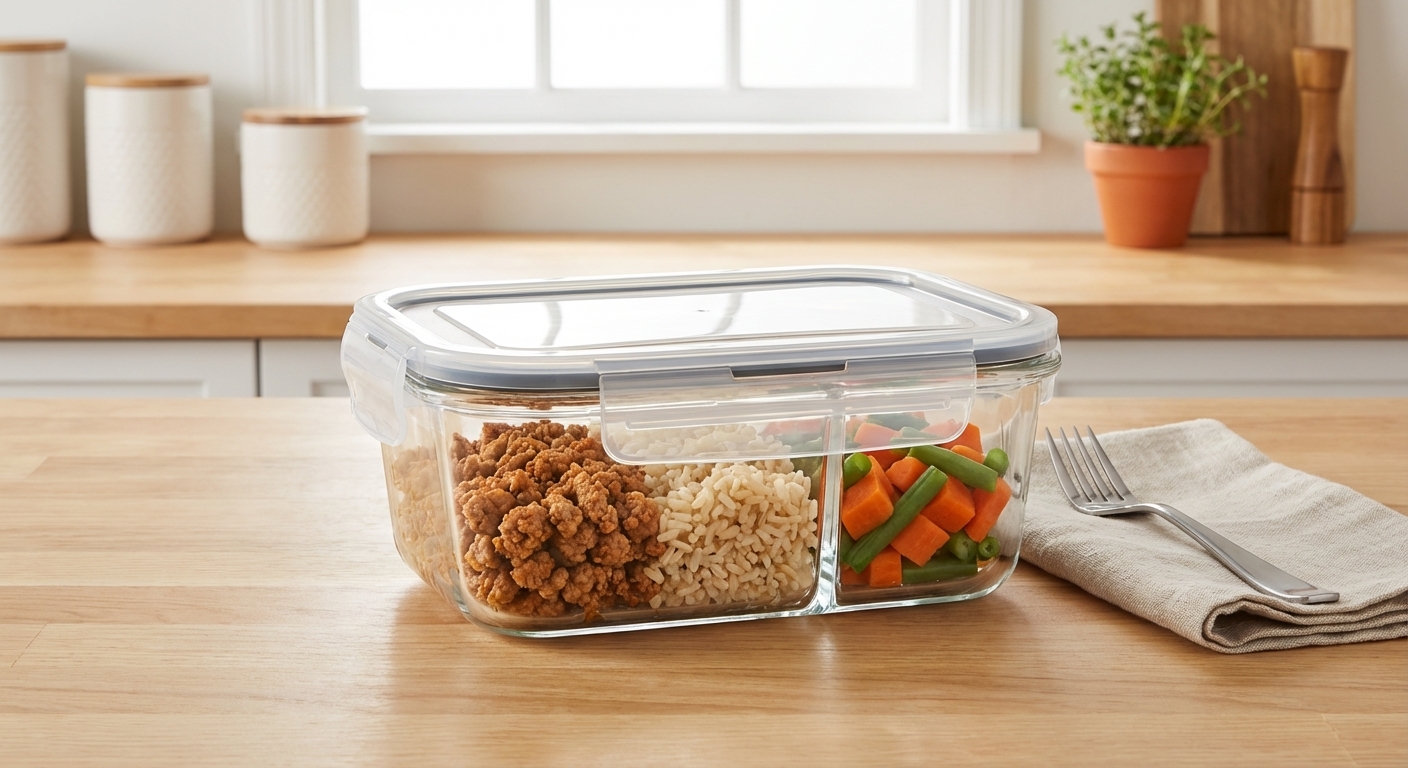 A glass meal prep container filled with cooked ground turkey, brown rice, and chopped steamed carrots and green beans, photorealistic kitchen counter scene