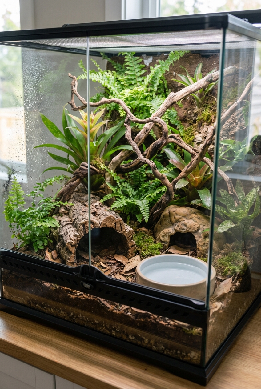 A glass terrarium set up with two hides, a water bowl, branches, and dense plant cover