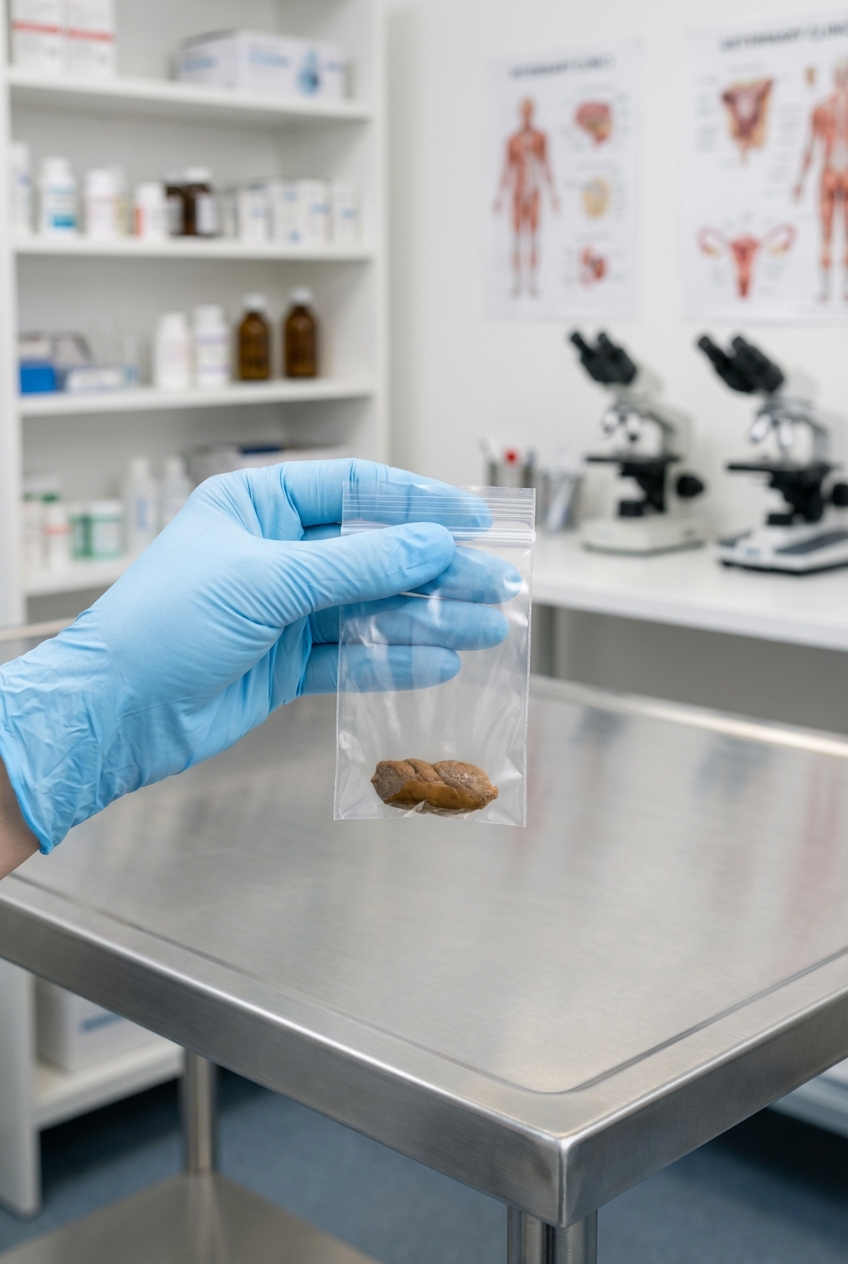 A gloved hand holding a small sealed bag with a fresh dog stool sample inside in a veterinary clinic setting