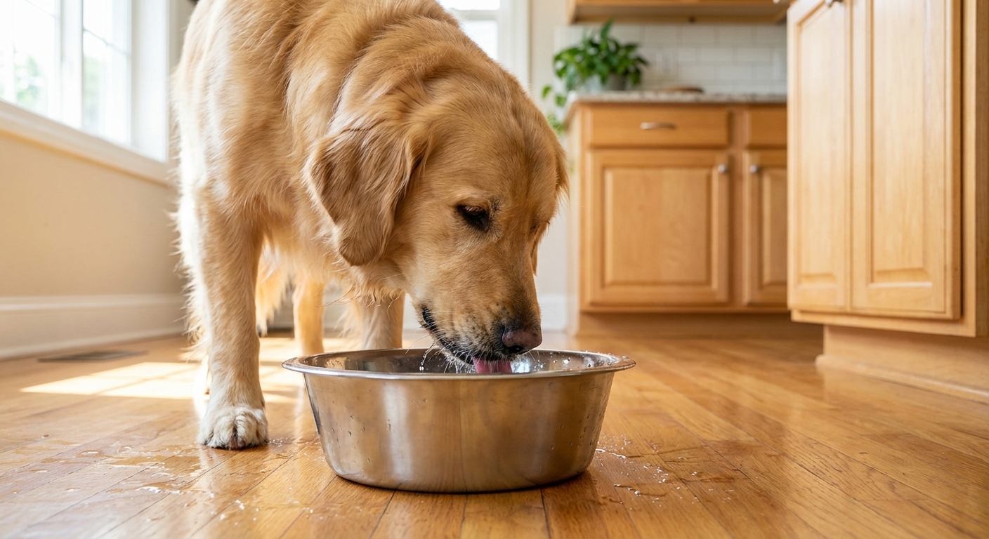 A golden retriever drinking fresh water from a stainless steel bowl on a kitchen floor, realistic photography