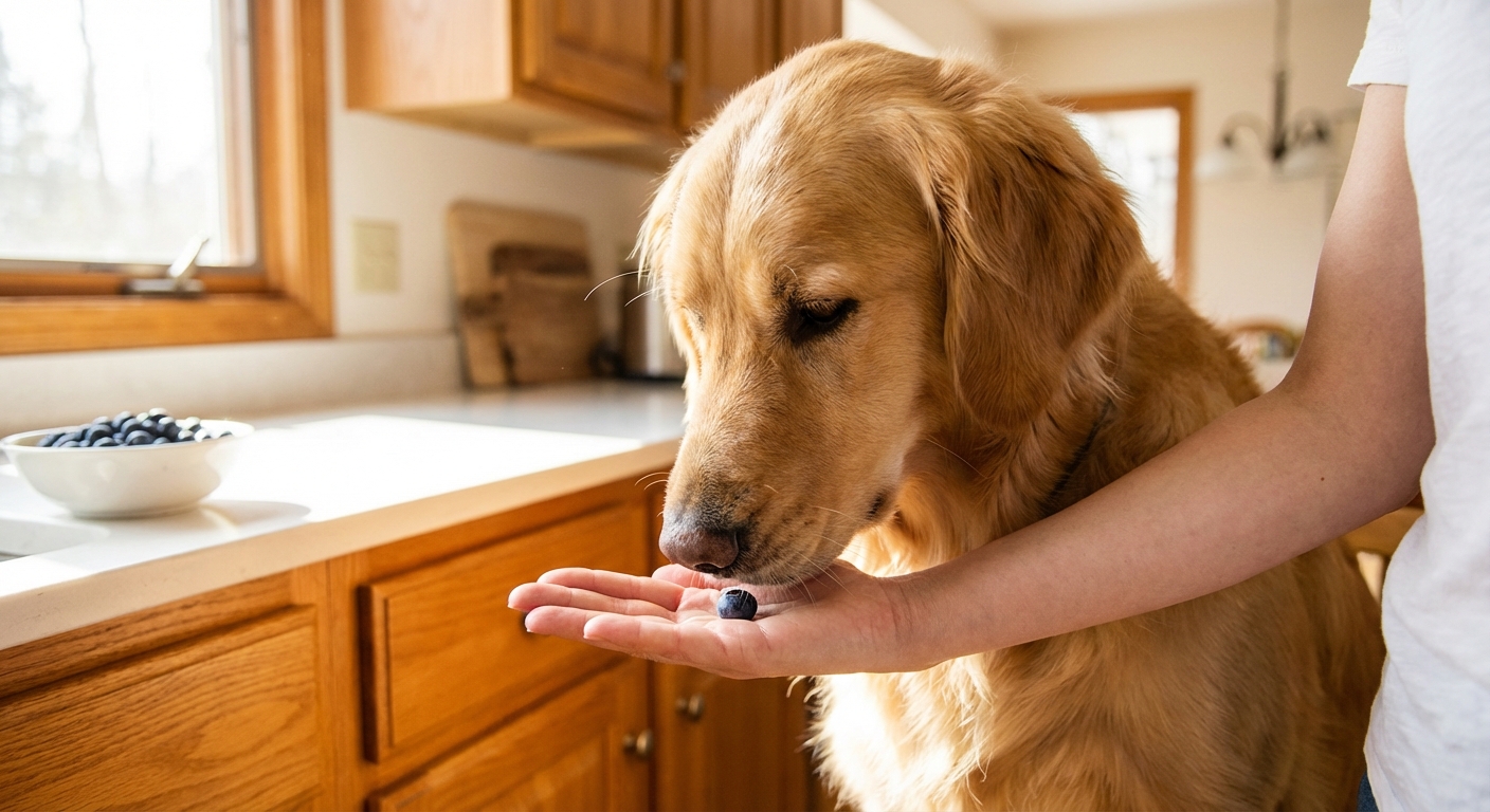 A golden retriever gently taking a blueberry from a person’s hand in a bright kitchen