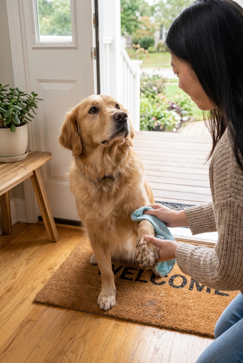 A golden retriever having its paws gently wiped with a damp cloth near a front door