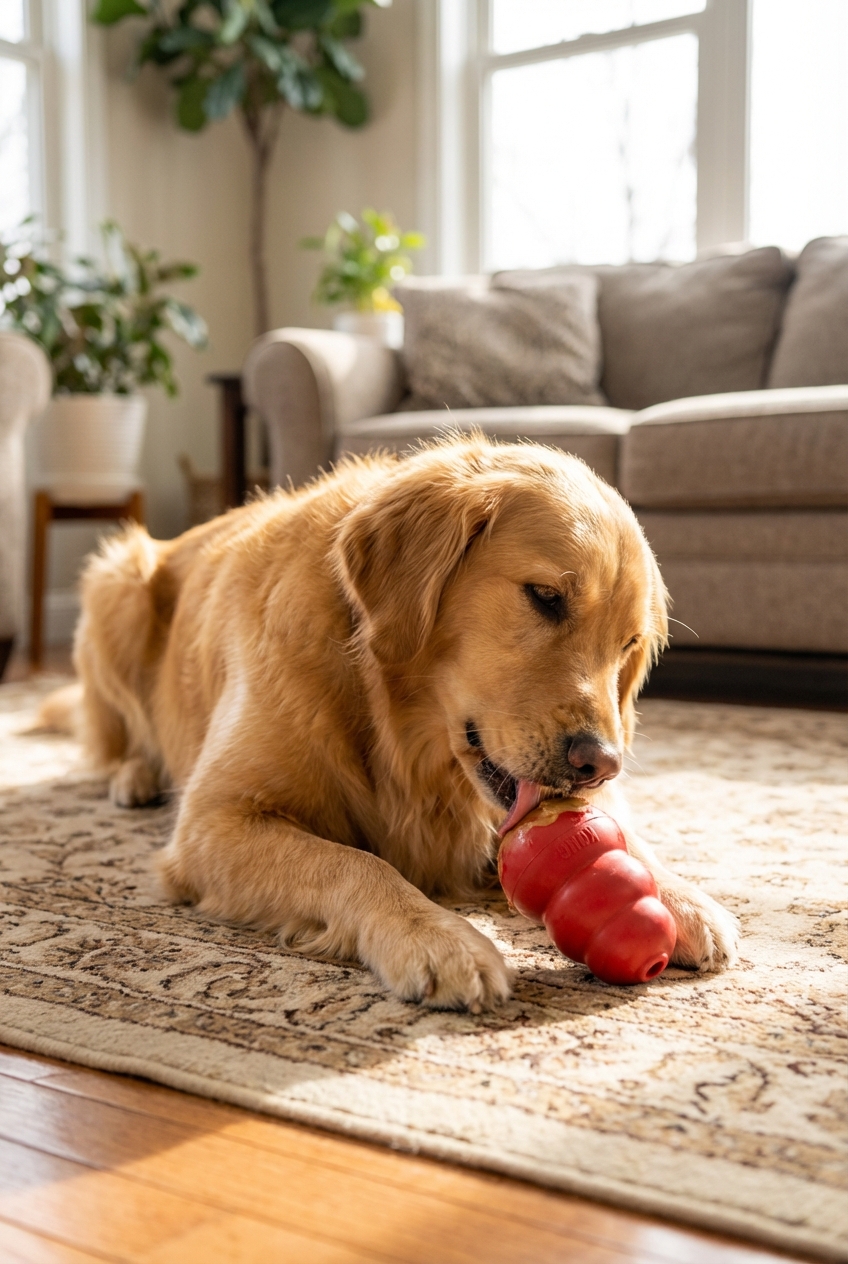 A golden retriever licking a frozen treat from a rubber food toy on a living room rug