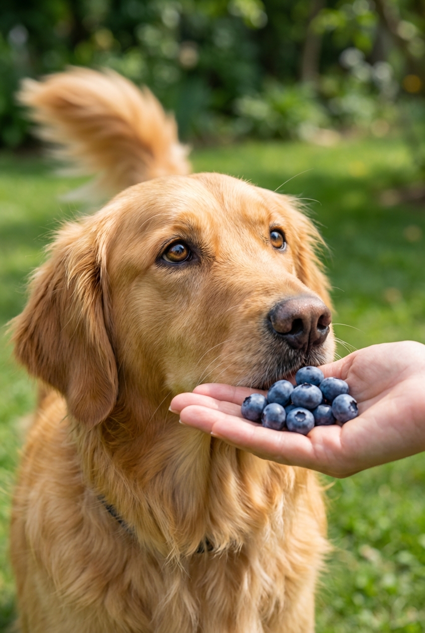 A golden retriever looking up at a hand holding a few blueberries in an outdoor setting